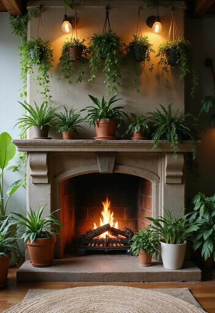 25 Farmhouse Fireplace Ideas That Radiate Warmth 12 25 Farmhouse Fireplace Ideas That Radiate Warmth - 12. Hanging Plants