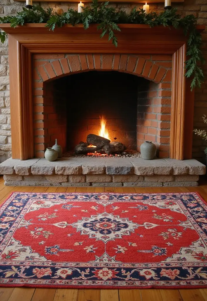 25 Farmhouse Fireplace Ideas That Radiate Warmth 13 25 Farmhouse Fireplace Ideas That Radiate Warmth - 13. Colorful Hearth Rugs