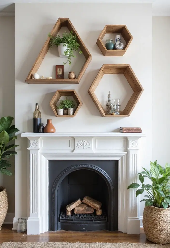 25 Fireplace Shelving Ideas That Add Storage and Style - 15. Geometric Shelves