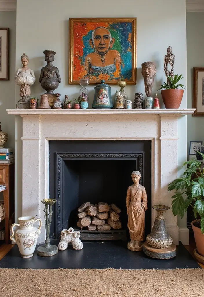 25 Fireplace Shelving Ideas That Add Storage and Style - 18. Artsy Display with Mixed Media