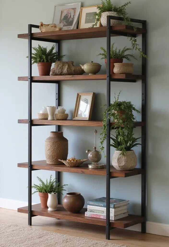 25 Fireplace Shelving Ideas That Add Storage and Style - 2. Open Shelving with Metal Accents