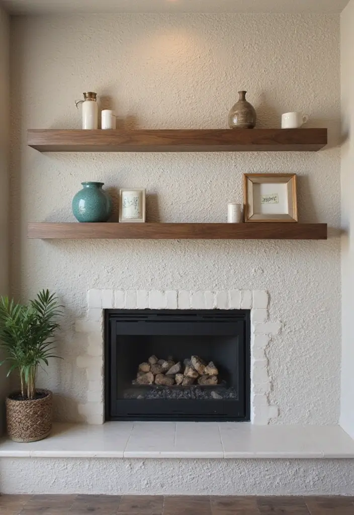25 Fireplace Shelving Ideas That Add Storage and Style - 25. Textured Wall with Floating Shelves