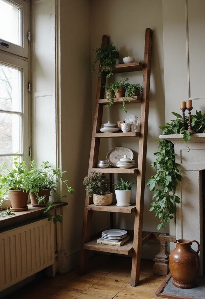 25 Fireplace Shelving Ideas That Add Storage and Style - 6. Vintage Ladder Shelving
