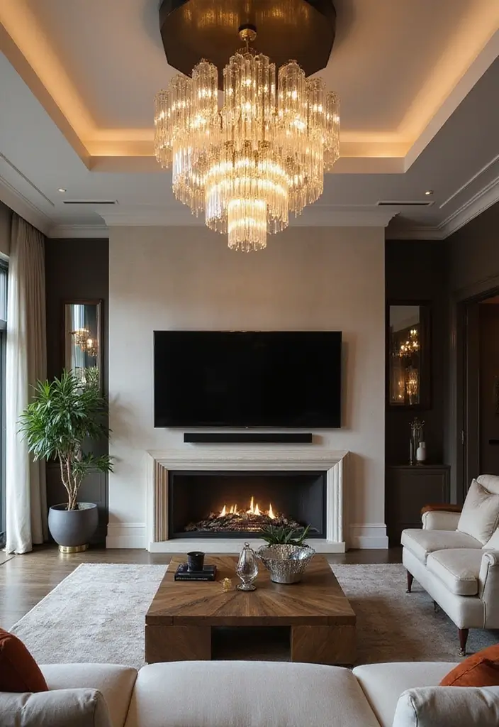 25 Fireplace TV Wall Designs That Balance Style and Function 17 25 Fireplace TV Wall Designs That Balance Style and Function - 17. Statement Chandeliers