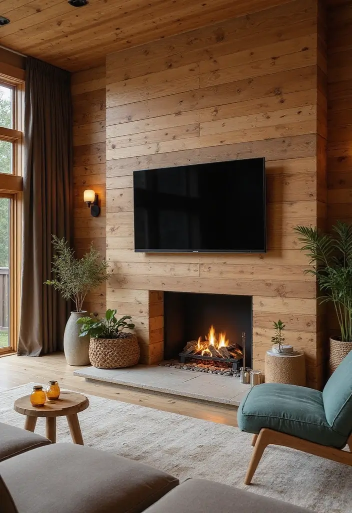 25 Fireplace TV Wall Designs That Balance Style and Function 2 25 Fireplace TV Wall Designs That Balance Style and Function - 2. Wood-Clad Wall Feature