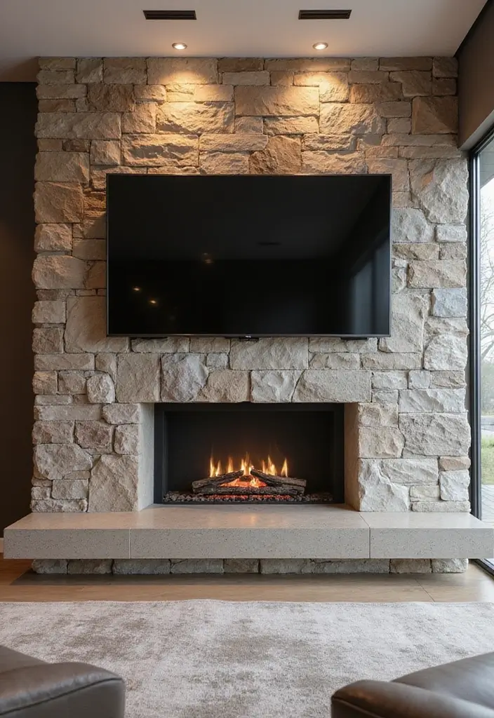 25 Fireplace TV Wall Designs That Balance Style and Function 4 25 Fireplace TV Wall Designs That Balance Style and Function - 4. Modern Stone Facade