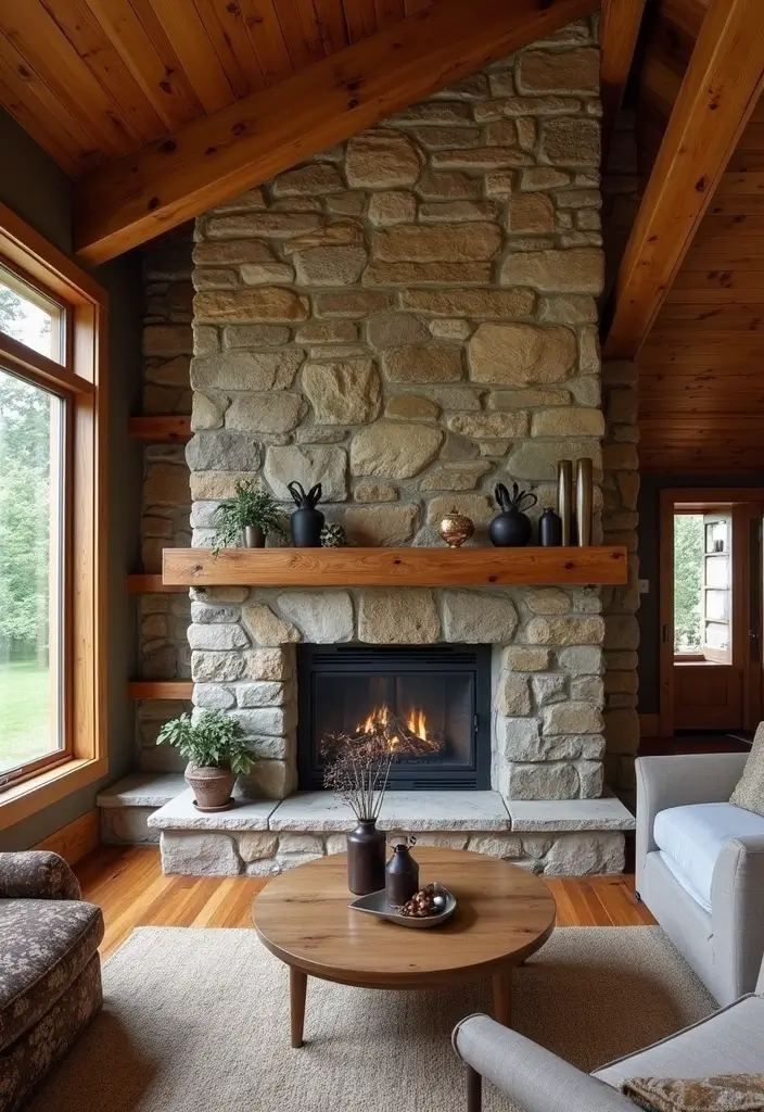 25 Fireplace Wall Designs That Make a Big Statement 8 25 Fireplace Wall Designs That Make a Big Statement - 8. Oak Beams and Stone