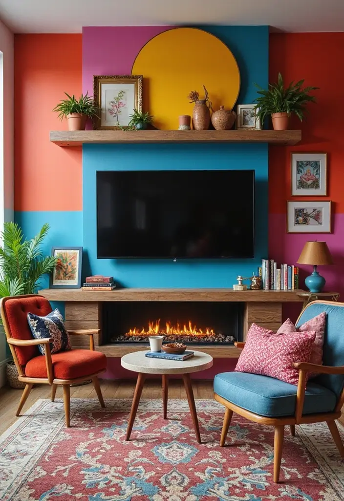 25 Media Walls With Fireplace That Combine Tech and Warmth 11 25 Media Walls With Fireplace That Combine Tech and Warmth - 11. Colorful Media Walls