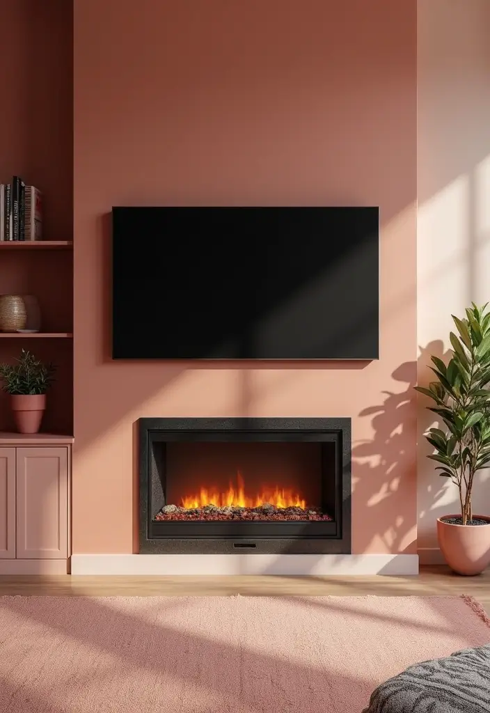 25 Media Walls With Fireplace That Combine Tech and Warmth 18 25 Media Walls With Fireplace That Combine Tech and Warmth - 18. Color-Coordinated Decor