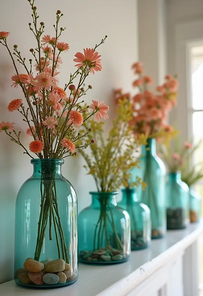 25 Spring Fireplace Decor Ideas That Freshen Up the Mantel 10 25 Spring Fireplace Decor Ideas That Freshen Up the Mantel - 10. Recycled Glass Decor