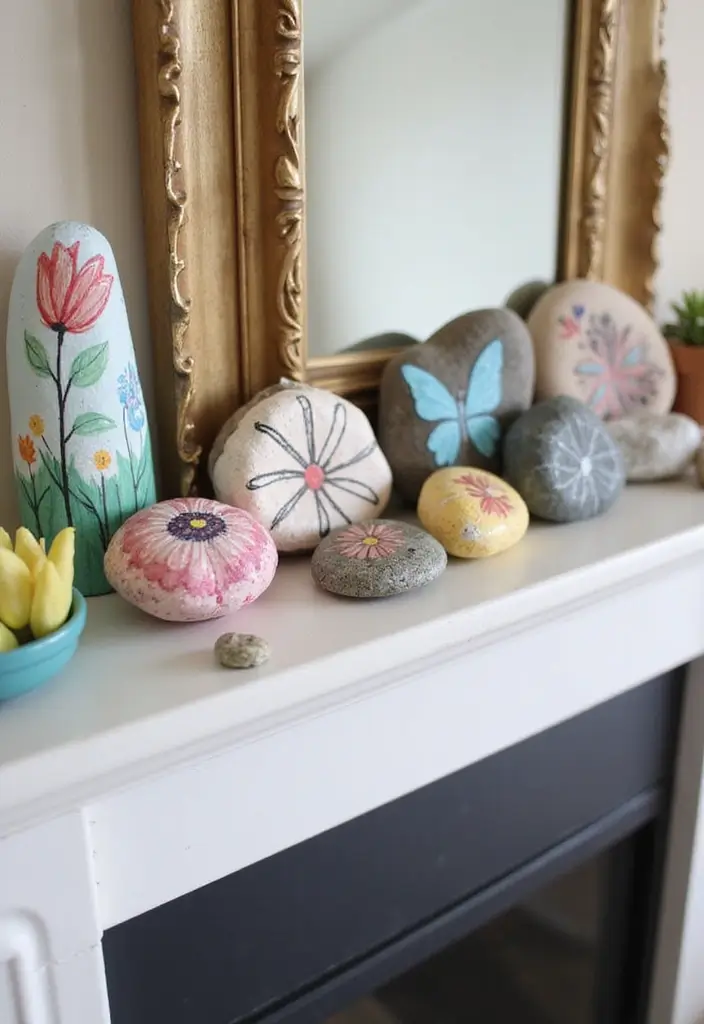 25 Spring Fireplace Decor Ideas That Freshen Up the Mantel 11 25 Spring Fireplace Decor Ideas That Freshen Up the Mantel - 11. Painted Rocks