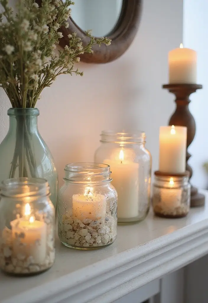 25 Spring Fireplace Decor Ideas That Freshen Up the Mantel 13 25 Spring Fireplace Decor Ideas That Freshen Up the Mantel - 13. Upcycled Jars as Candle Holders
