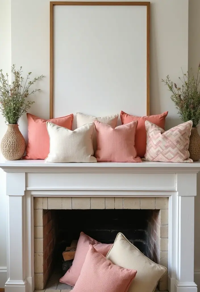 25 Spring Fireplace Decor Ideas That Freshen Up the Mantel 17 25 Spring Fireplace Decor Ideas That Freshen Up the Mantel - 17. Spring-Themed Pillows