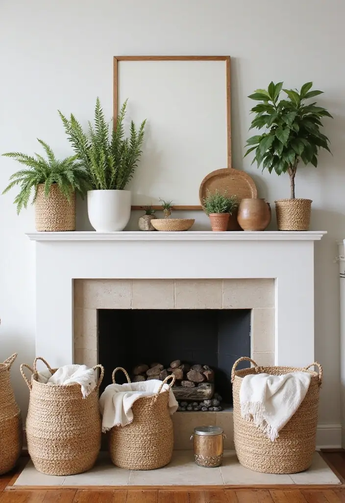 25 Spring Fireplace Decor Ideas That Freshen Up the Mantel 18 25 Spring Fireplace Decor Ideas That Freshen Up the Mantel - 18. Natural Fiber Baskets
