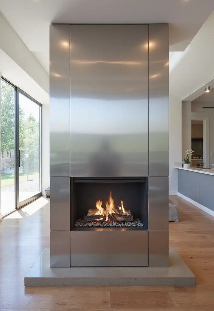 27 Double Sided Fireplace Inspirations Perfect for Open Spaces - 1. Sleek Stainless Steel Divider