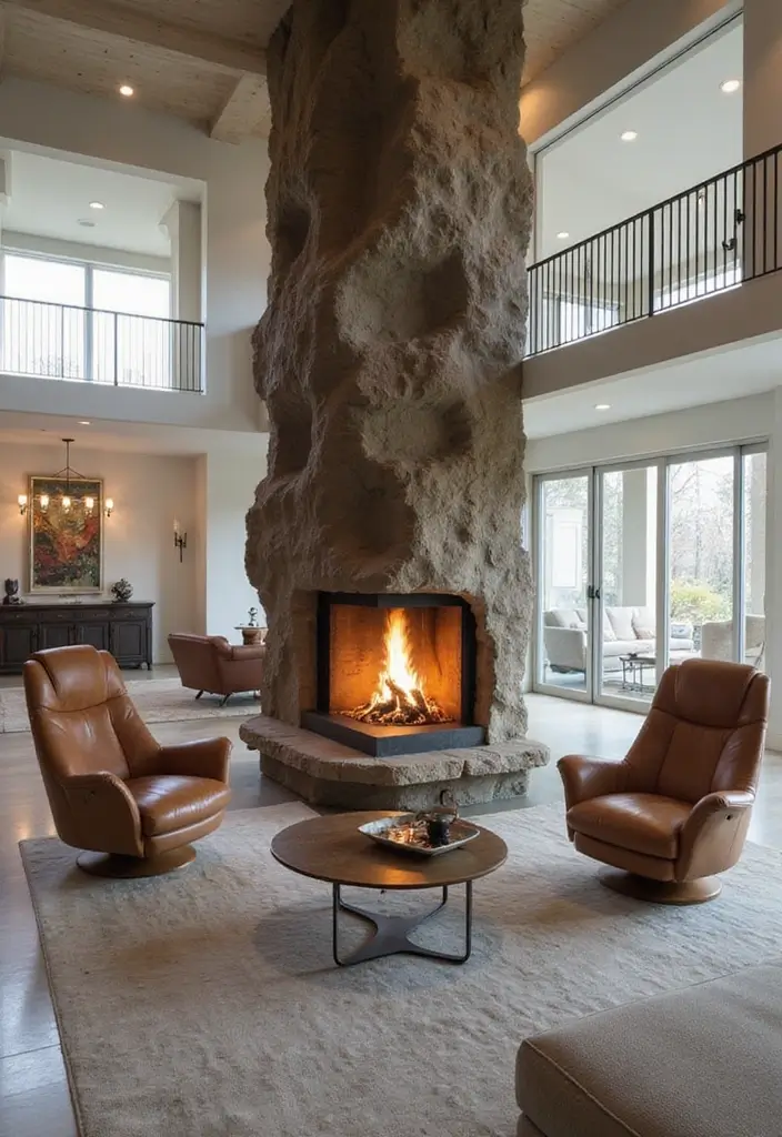 27 Double Sided Fireplace Inspirations Perfect for Open Spaces - 12. Artistic Sculptural Fireplaces