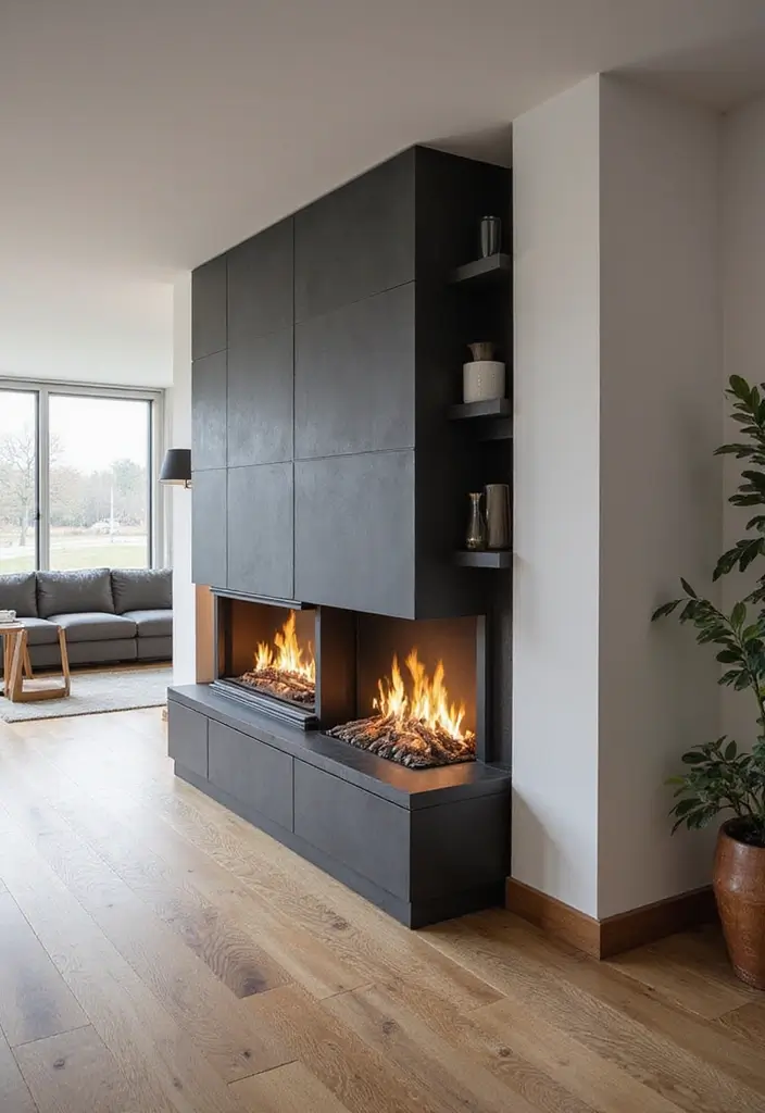 27 Double Sided Fireplace Inspirations Perfect for Open Spaces - 13. Integrated Entertainment Units