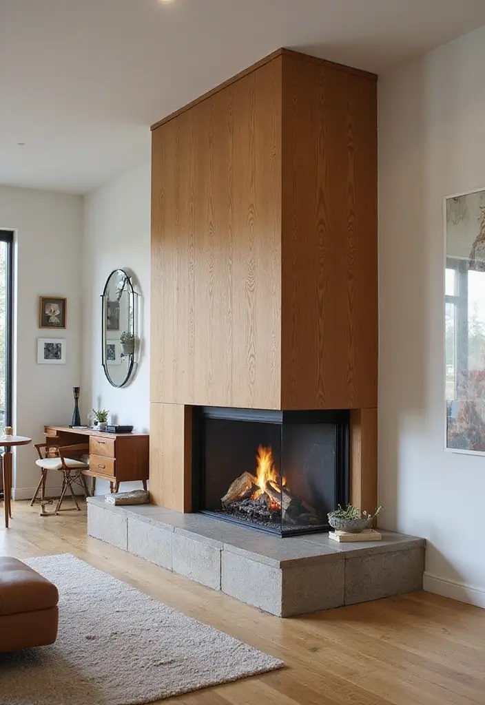 27 Double Sided Fireplace Inspirations Perfect for Open Spaces - 23. Mid-Century Modern Fireplaces