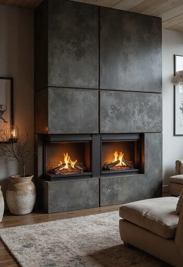 27 Double Sided Fireplace Inspirations Perfect for Open Spaces - 26. Textured Metal Finishes