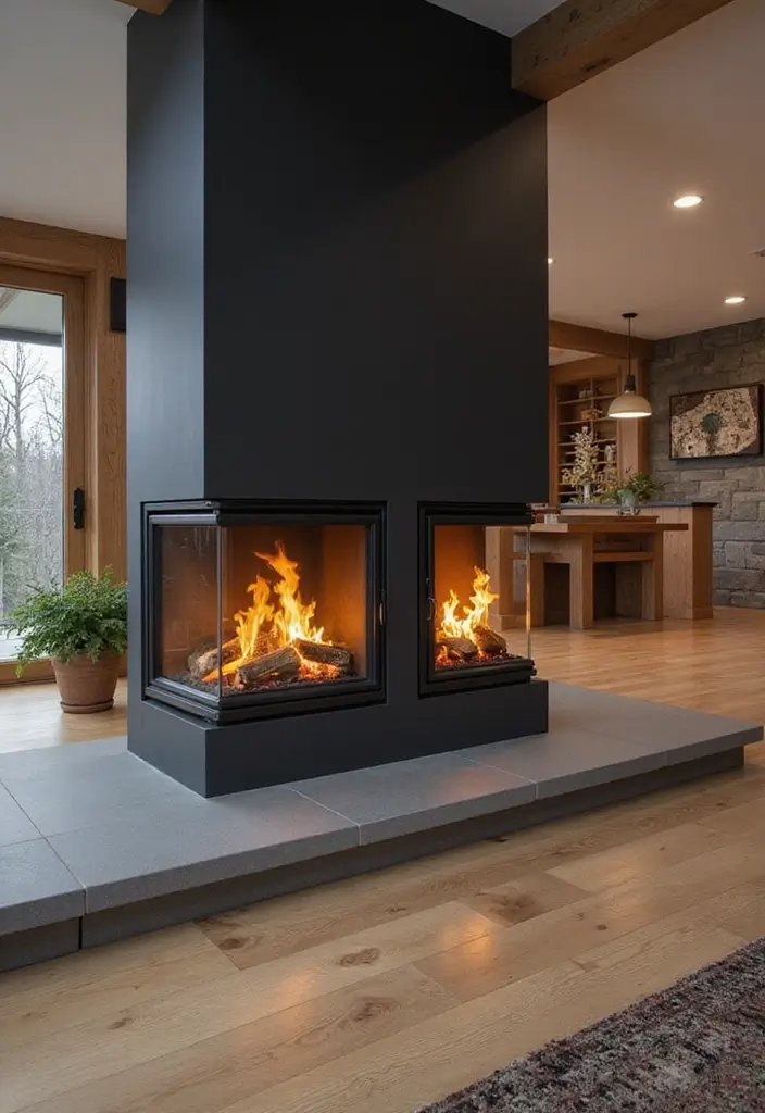 27 Double Sided Fireplace Inspirations Perfect for Open Spaces - 8. Contemporary Wood-Burning Design