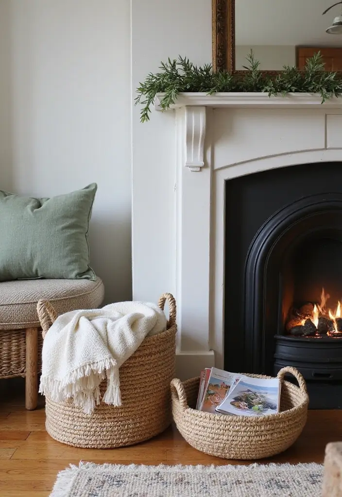 27 Fireplace Ideas That Instantly Make Living Rooms Cozier - 25. Cozy Baskets for Textiles