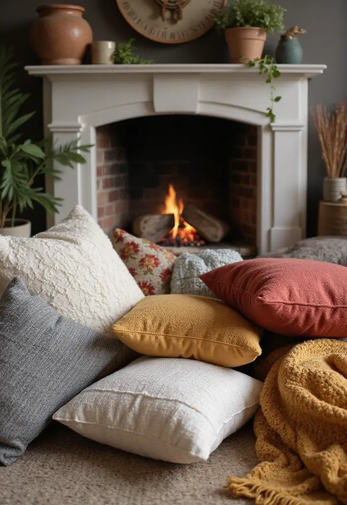 27 Fireplace Ideas That Instantly Make Living Rooms Cozier - 27. Multicolored Pillows and Throws