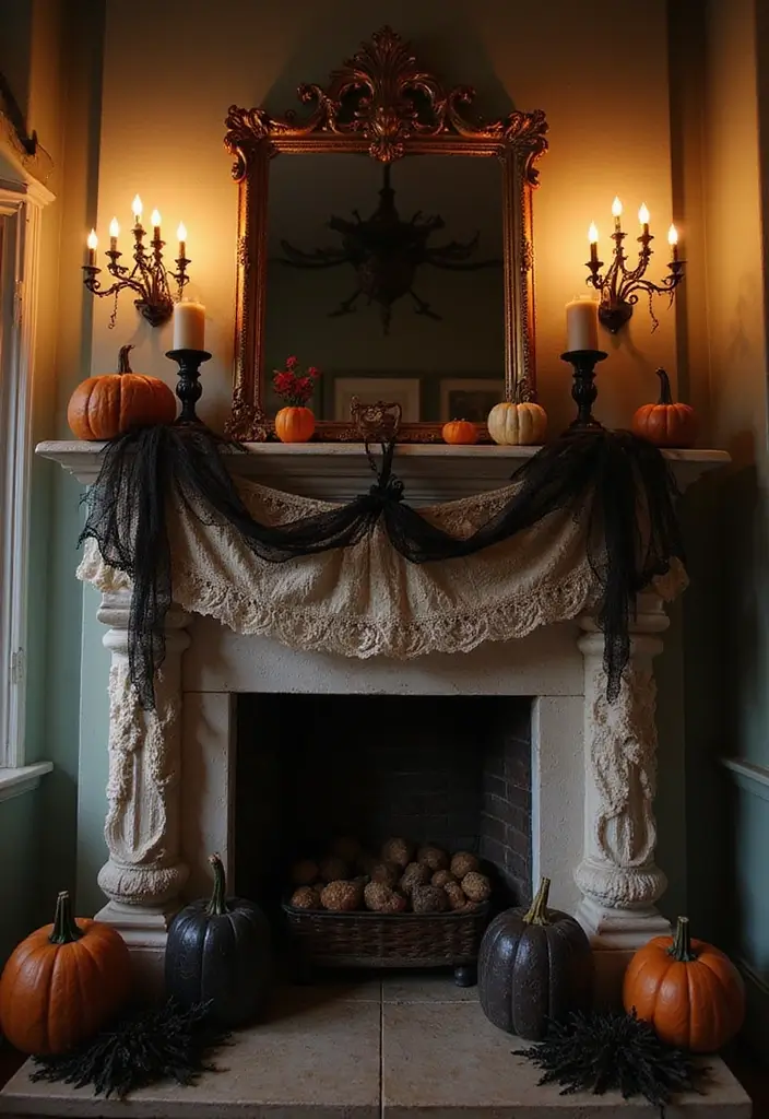 27 Halloween Mantel Decor Ideas That Add Spooky Charm 11 27 Halloween Mantel Decor Ideas That Add Spooky Charm - 11. Vintage Lace and Ribbons