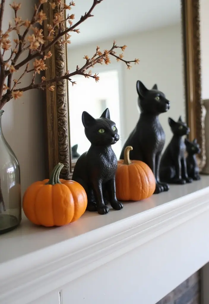 27 Halloween Mantel Decor Ideas That Add Spooky Charm 13 27 Halloween Mantel Decor Ideas That Add Spooky Charm - 13. Black Cats and Antique Figurines