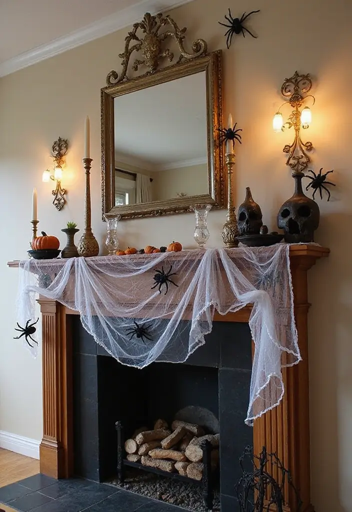 27 Halloween Mantel Decor Ideas That Add Spooky Charm 17 27 Halloween Mantel Decor Ideas That Add Spooky Charm - 17. Festive Spider Webs