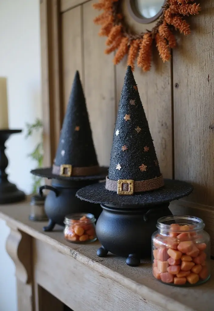 27 Halloween Mantel Decor Ideas That Add Spooky Charm 2 27 Halloween Mantel Decor Ideas That Add Spooky Charm - 2. Whimsical Witch Hats and Cauldrons