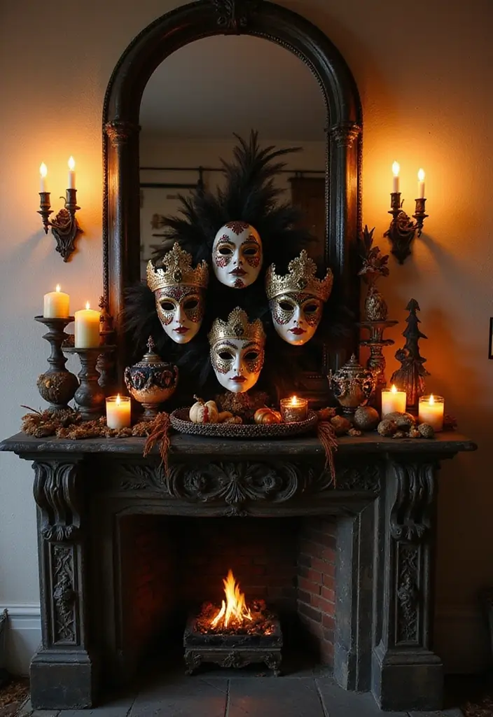 27 Halloween Mantel Decor Ideas That Add Spooky Charm 22 27 Halloween Mantel Decor Ideas That Add Spooky Charm - 22. Mysterious Masks and Crowns