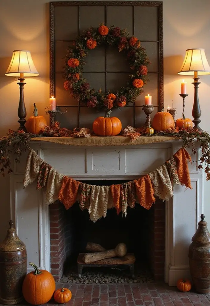 27 Halloween Mantel Decor Ideas That Add Spooky Charm 24 27 Halloween Mantel Decor Ideas That Add Spooky Charm - 24. Layered Textures with Vintage Fabrics