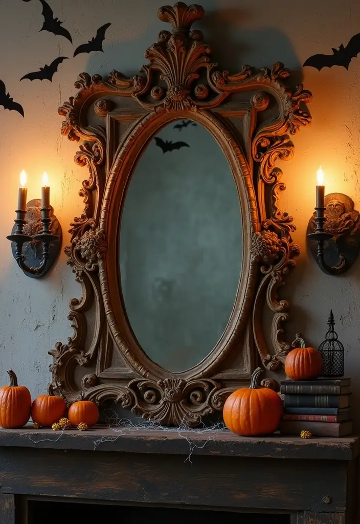 27 Halloween Mantel Decor Ideas That Add Spooky Charm 4 27 Halloween Mantel Decor Ideas That Add Spooky Charm - 4. Haunted Mirror Reflections