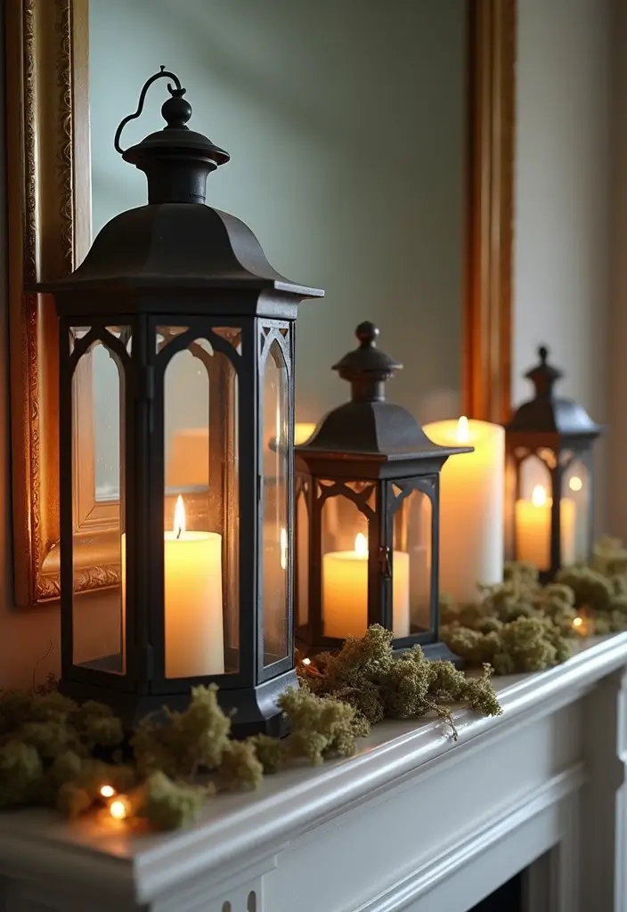 27 Halloween Mantel Decor Ideas That Add Spooky Charm 7 27 Halloween Mantel Decor Ideas That Add Spooky Charm - 7. Eerie Lanterns and Candlelight