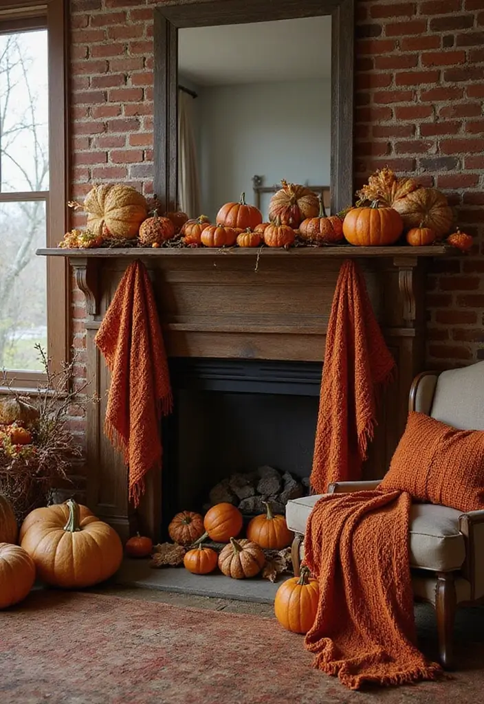 27 Halloween Mantel Decor Ideas That Add Spooky Charm 9 27 Halloween Mantel Decor Ideas That Add Spooky Charm - 9. Cozy Fall Textiles