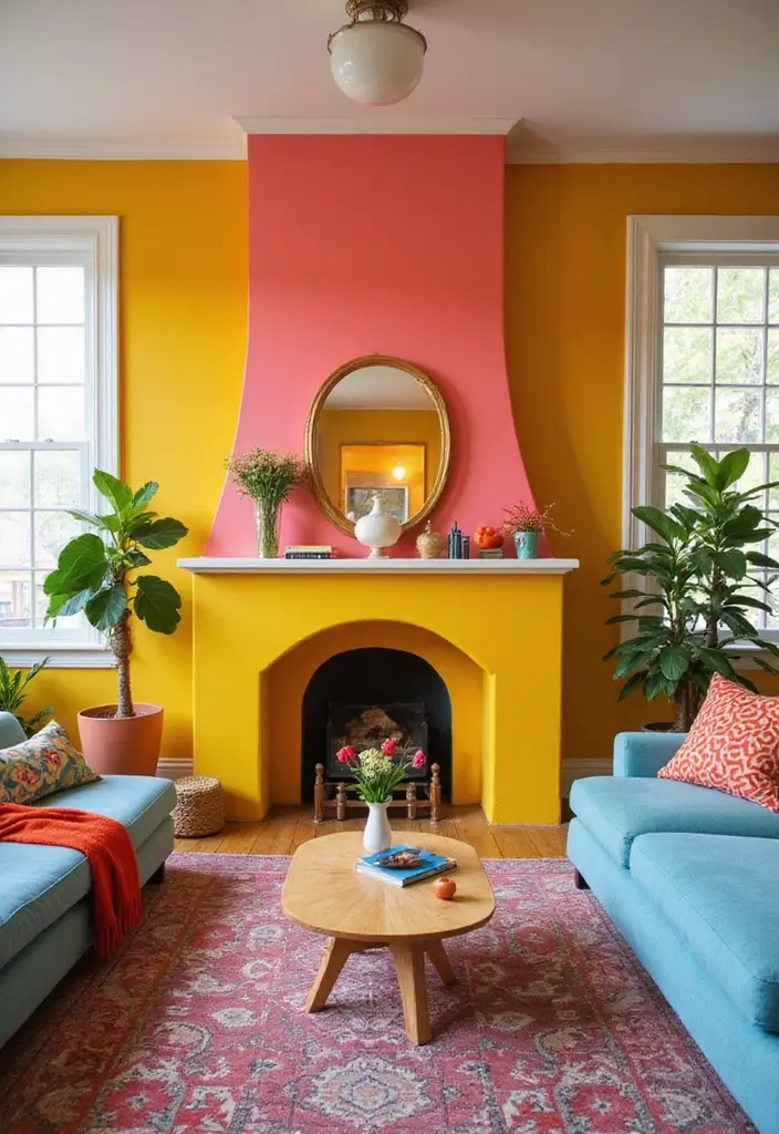27 Painted Fireplace Inspirations That Completely Transform a Room 8 27 Painted Fireplace Inspirations That Completely Transform a Room - 8. Bright Colors for a Bold Statement