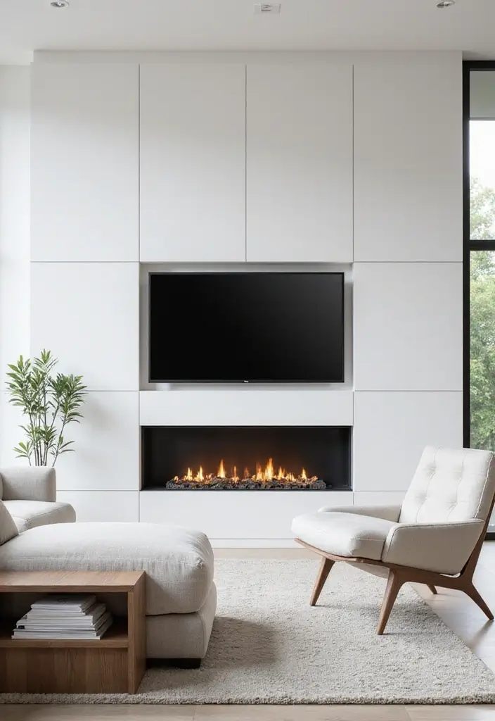 28 Built-In Fireplace and TV Wall Units That Look Seamless 1 28 Built-In Fireplace and TV Wall Units That Look Seamless - 1. Minimalist Chic with White Panels