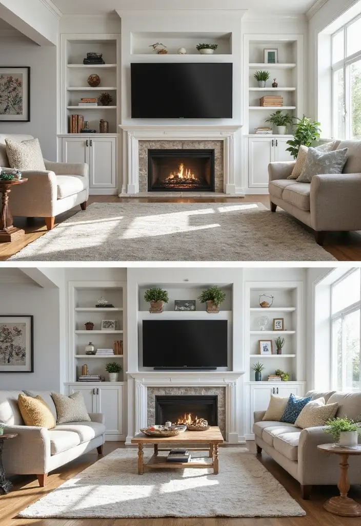 28 Built-In Fireplace and TV Wall Units That Look Seamless 24 28 Built-In Fireplace and TV Wall Units That Look Seamless - 24. Seasonal Decor Adaptability