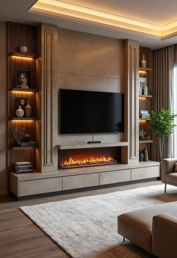 28 Built-In Fireplace and TV Wall Units That Look Seamless 26 28 Built-In Fireplace and TV Wall Units That Look Seamless - 26. A Touch of Luxury