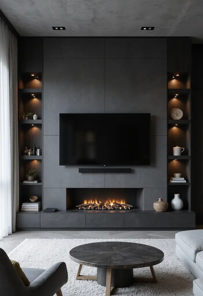 28 Built-In Fireplace and TV Wall Units That Look Seamless 5 28 Built-In Fireplace and TV Wall Units That Look Seamless - 5. Monochrome Magic