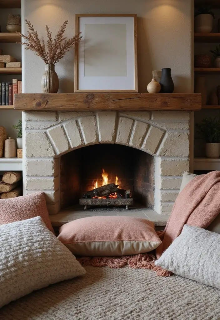28 Cottage Fireplace Ideas That Feel Storybook Charming 23 28 Cottage Fireplace Ideas That Feel Storybook Charming - 23. Cozy Throws and Pillows