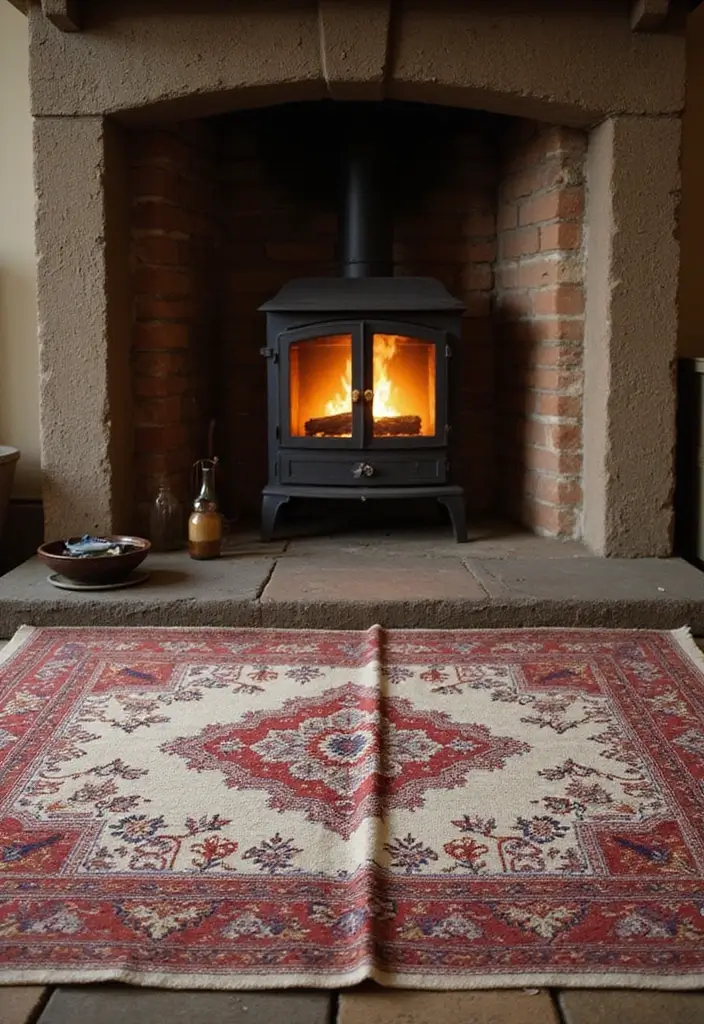 28 Cottage Fireplace Ideas That Feel Storybook Charming 4 28 Cottage Fireplace Ideas That Feel Storybook Charming - 4. Vintage Hearth Rugs