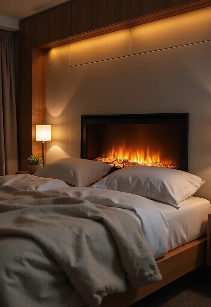 28 Electric Fireplace in Bedroom Ideas That Add Instant Luxury 2 28 Electric Fireplace in Bedroom Ideas That Add Instant Luxury - 2. Fireplace as a Headboard