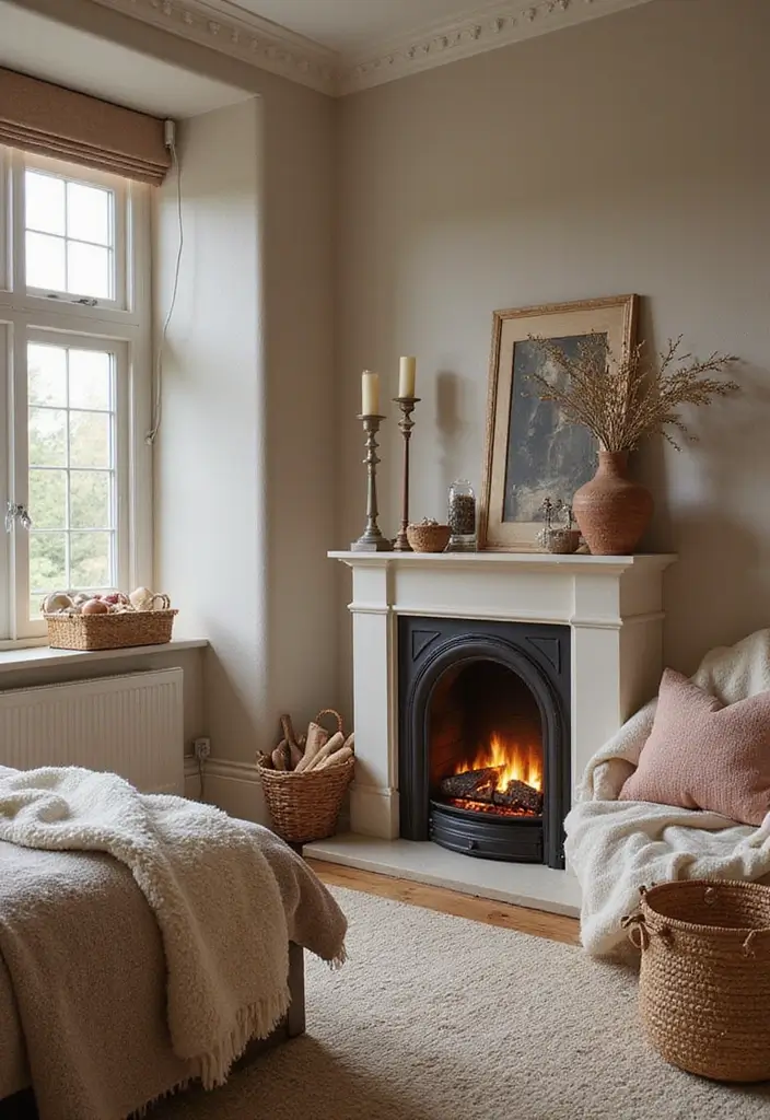 28 Electric Fireplace in Bedroom Ideas That Add Instant Luxury 22 28 Electric Fireplace in Bedroom Ideas That Add Instant Luxury - 22. Cozy Baskets and Textiles