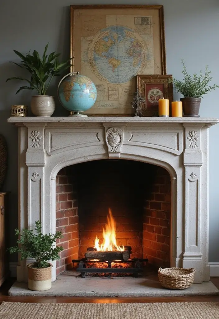 28 Fireplace Hearth Decor Ideas That Complete the Look 17 28 Fireplace Hearth Decor Ideas That Complete the Look - 17. Travel-Inspired Decor
