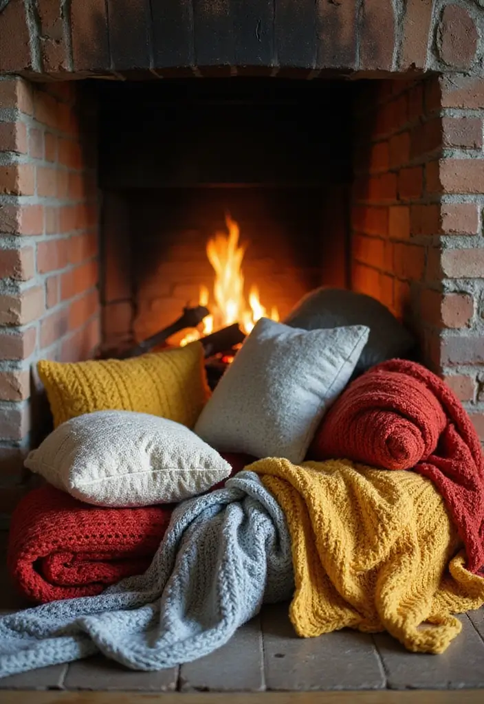 28 Fireplace Hearth Decor Ideas That Complete the Look 4 28 Fireplace Hearth Decor Ideas That Complete the Look - 4. Cozy Blankets and Pillows
