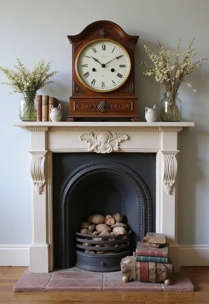 28 Inside Fireplace Decor Ideas That Transform Empty Fireboxes 23 28 Inside Fireplace Decor Ideas That Transform Empty Fireboxes - 23. Vintage Clocks