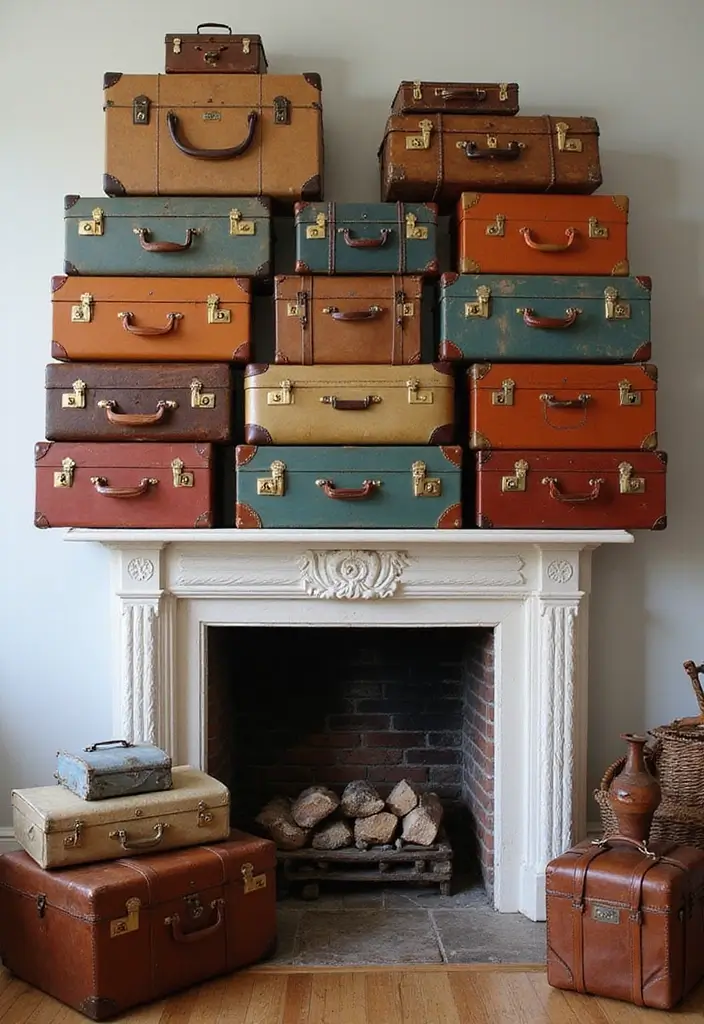 28 Inside Fireplace Decor Ideas That Transform Empty Fireboxes 26 28 Inside Fireplace Decor Ideas That Transform Empty Fireboxes - 26. Travel Suitcases