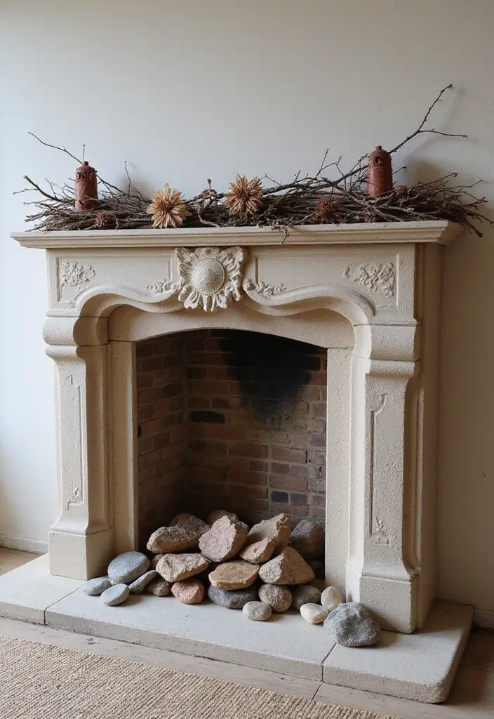 28 Inside Fireplace Decor Ideas That Transform Empty Fireboxes 27 28 Inside Fireplace Decor Ideas That Transform Empty Fireboxes - 27. Nature-Inspired Arrangement