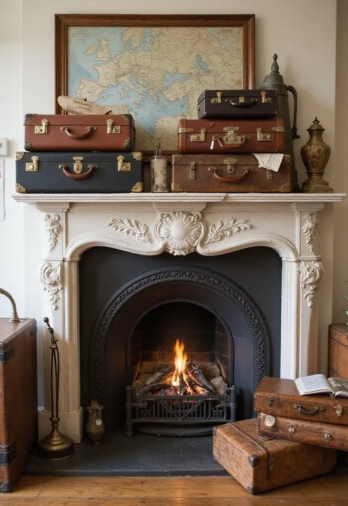 28 Inside Fireplace Decor Ideas That Transform Empty Fireboxes 5 28 Inside Fireplace Decor Ideas That Transform Empty Fireboxes - 5. Vintage Suitcases